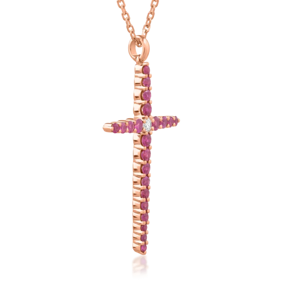 Lant cu pandantiv cruce din aur roz cu diamant de 0.09ct si rubine de 1.08ct - imagine 3