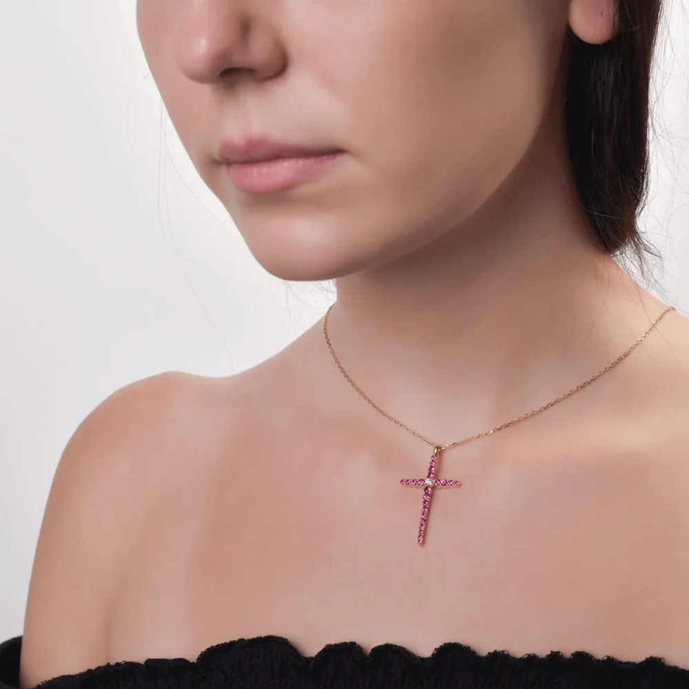 Lant cu pandantiv cruce din aur roz cu diamant de 0.09ct si rubine de 1.08ct - imagine 4
