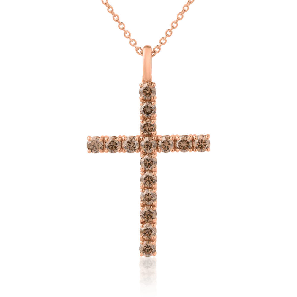 Lant cu pandantiv cruce din aur roz cu diamante maro de 1.35ct