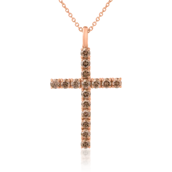 Lant cu pandantiv cruce din aur roz cu diamante maro de 1.35ct