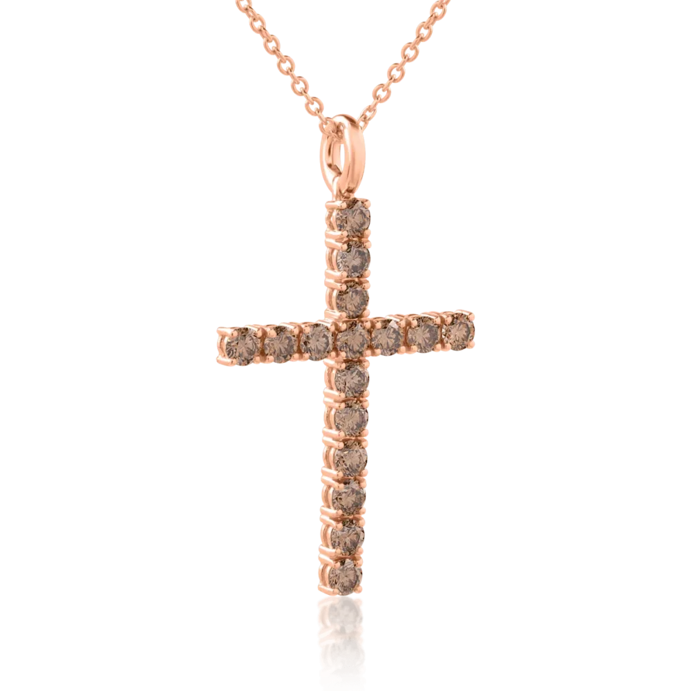 Lant cu pandantiv cruce din aur roz cu diamante maro de 1.35ct - imagine 2