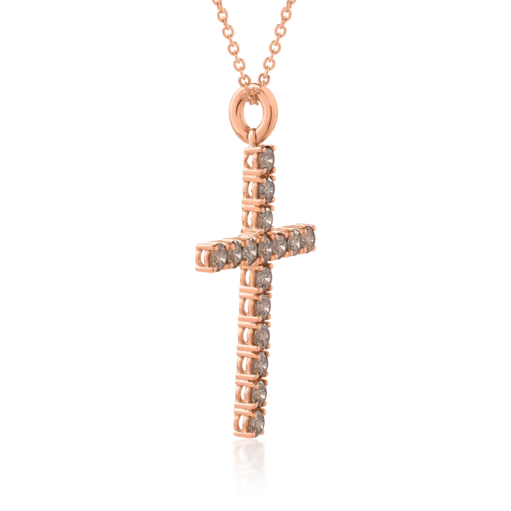 Lant cu pandantiv cruce din aur roz cu diamante maro de 1.35ct - imagine 3