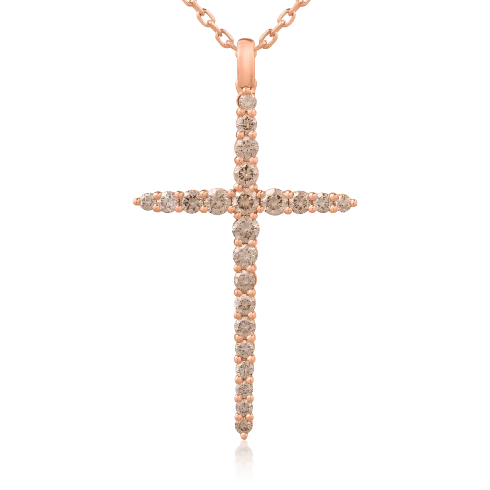 Lant cu pandantiv cruce din aur roz cu diamante maro de 1ct