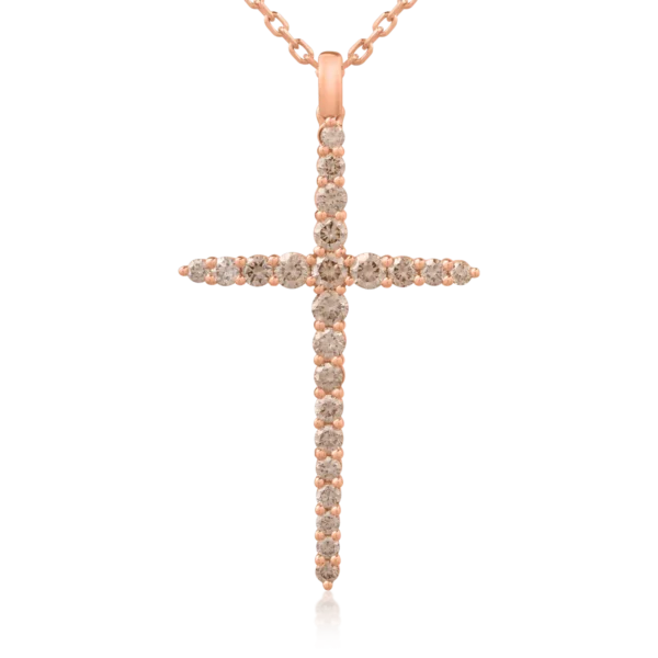Lant cu pandantiv cruce din aur roz cu diamante maro de 1ct