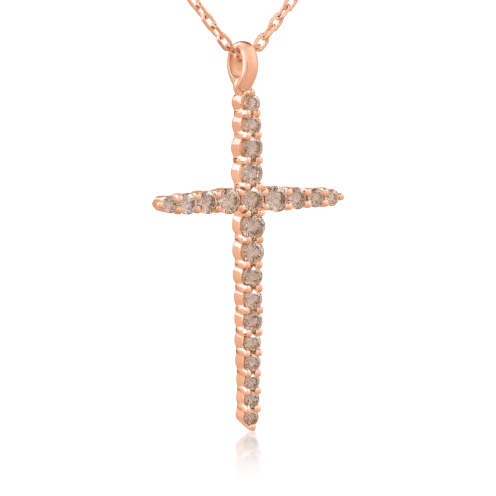 Lant cu pandantiv cruce din aur roz cu diamante maro de 1ct - imagine 2