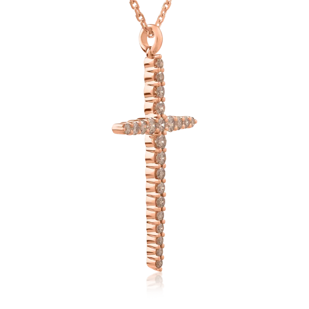 Lant cu pandantiv cruce din aur roz cu diamante maro de 1ct - imagine 3