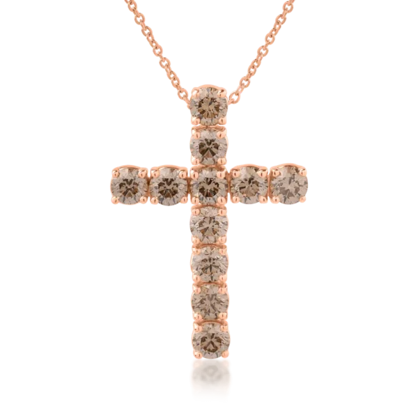 Lant cu pandantiv cruce din aur roz cu diamante maro de 2.85ct