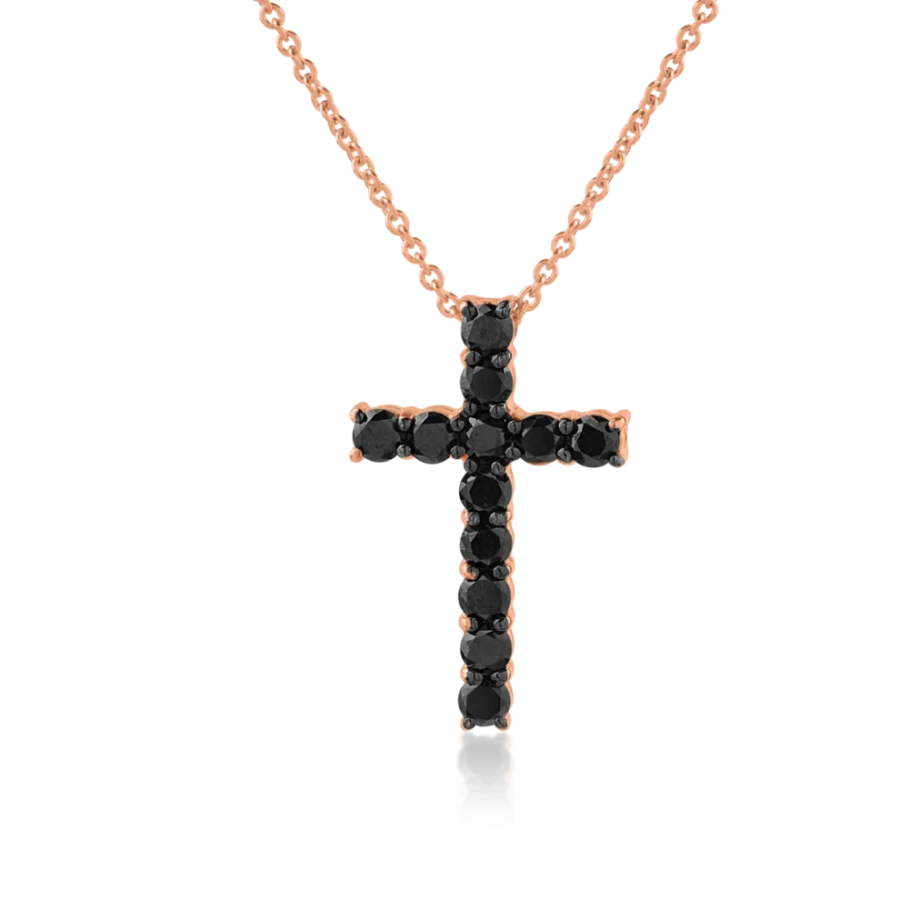 Lant cu pandantiv cruce din aur roz cu diamante negre de 1.6ct