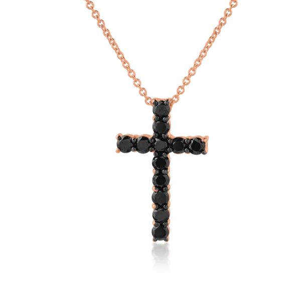 Lant cu pandantiv cruce din aur roz cu diamante negre de 1.6ct