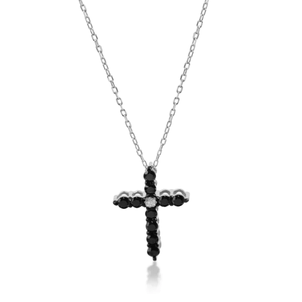 Lant cu pandantiv cruce din platina cu diamant incolor de 0.02ct si diamante negre de 0.2ct