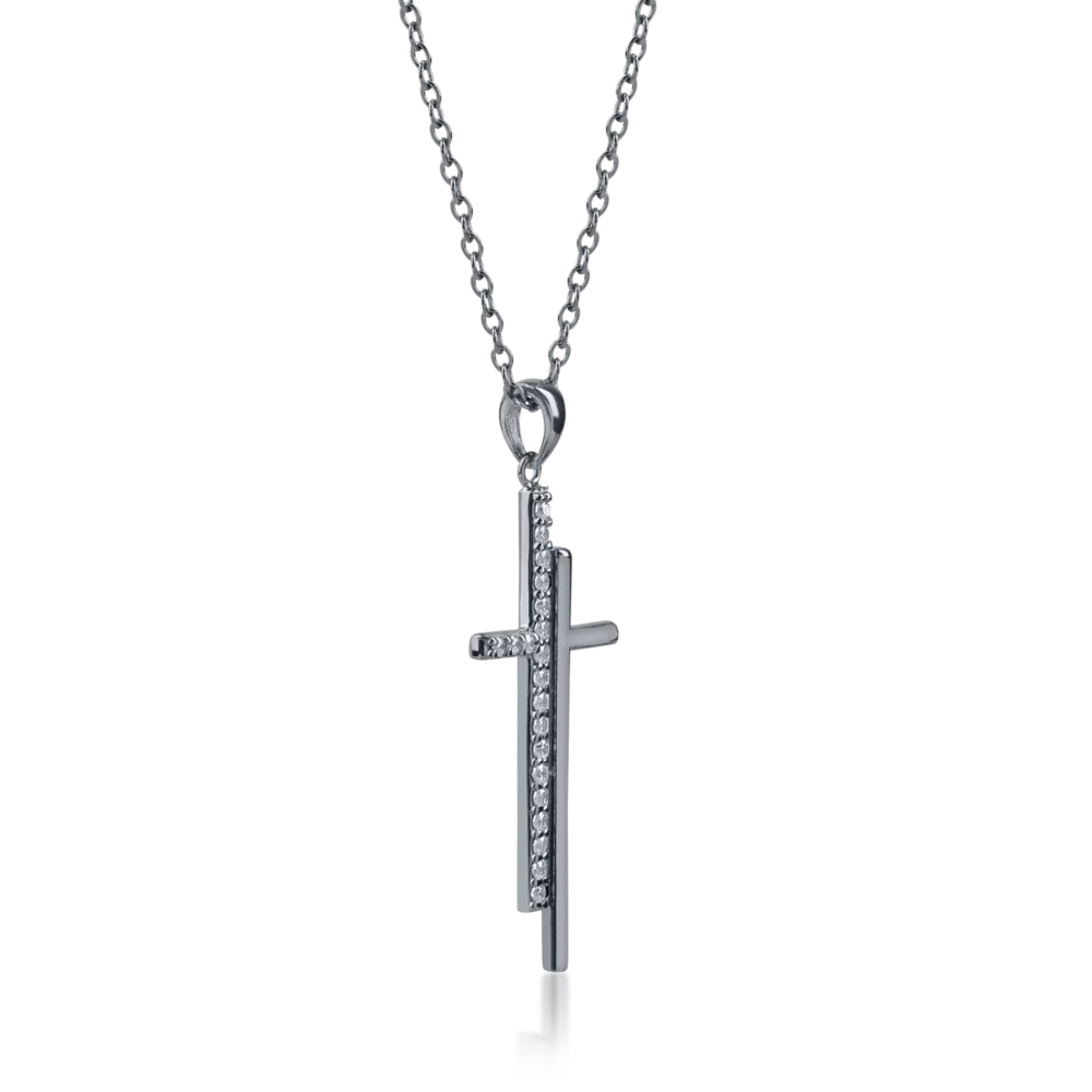 Lant cu pandantiv cruce si zirconii din aur negru - imagine 2