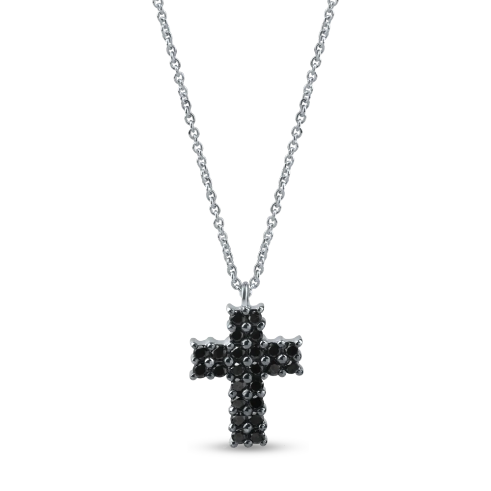 Lant cu pandantiv cruciulita din aur alb cu diamante negre de 0.2ct