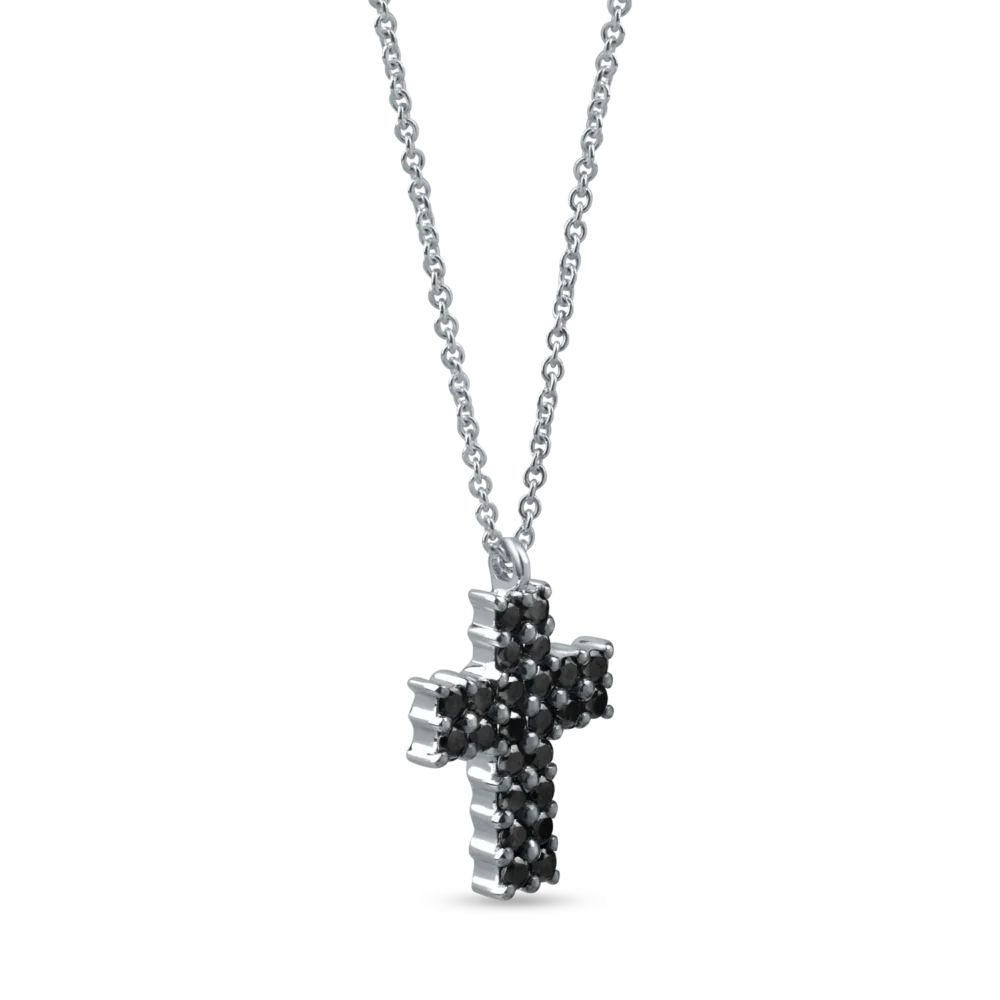 Lant cu pandantiv cruciulita din aur alb cu diamante negre de 0.2ct - imagine 2