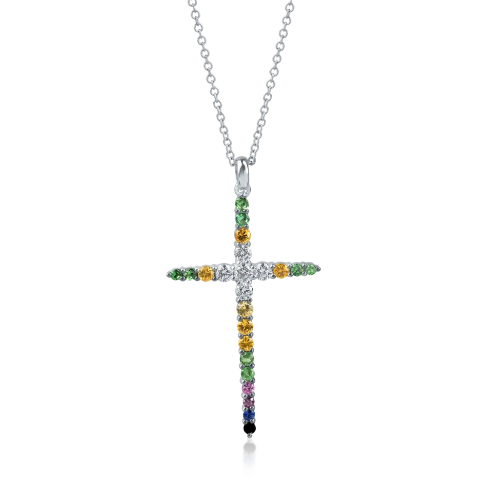 Lant cu pandantiv cruciulita din aur alb cu pietre pretioase de 1.1ct