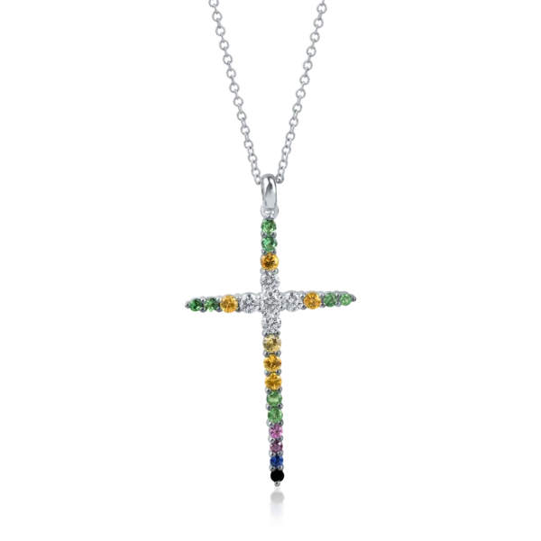 Lant cu pandantiv cruciulita din aur alb cu pietre pretioase de 1.1ct