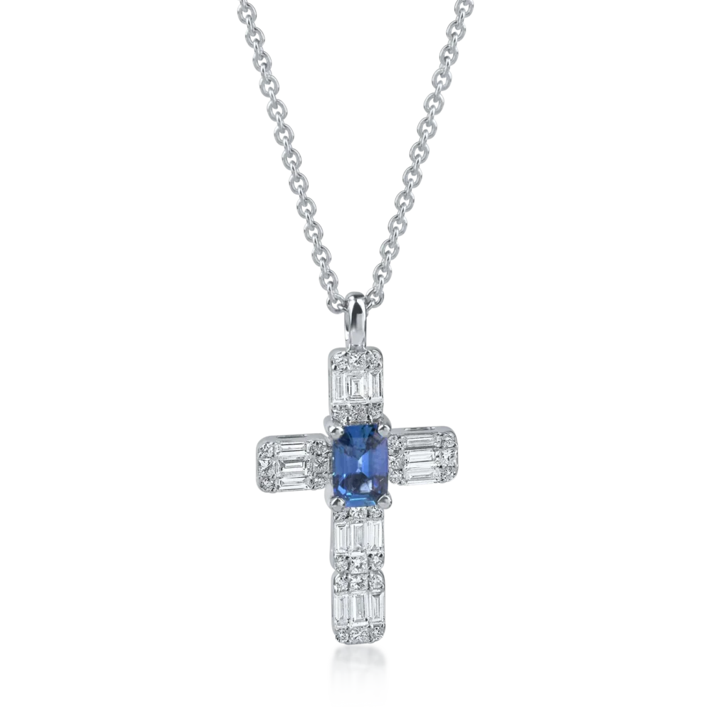 Lant cu pandantiv cruciulita din aur alb cu safire baguette de 0.6ct si diamante de 0.3ct