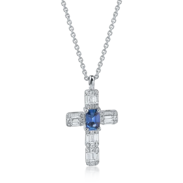 Lant cu pandantiv cruciulita din aur alb cu safire baguette de 0.6ct si diamante de 0.3ct