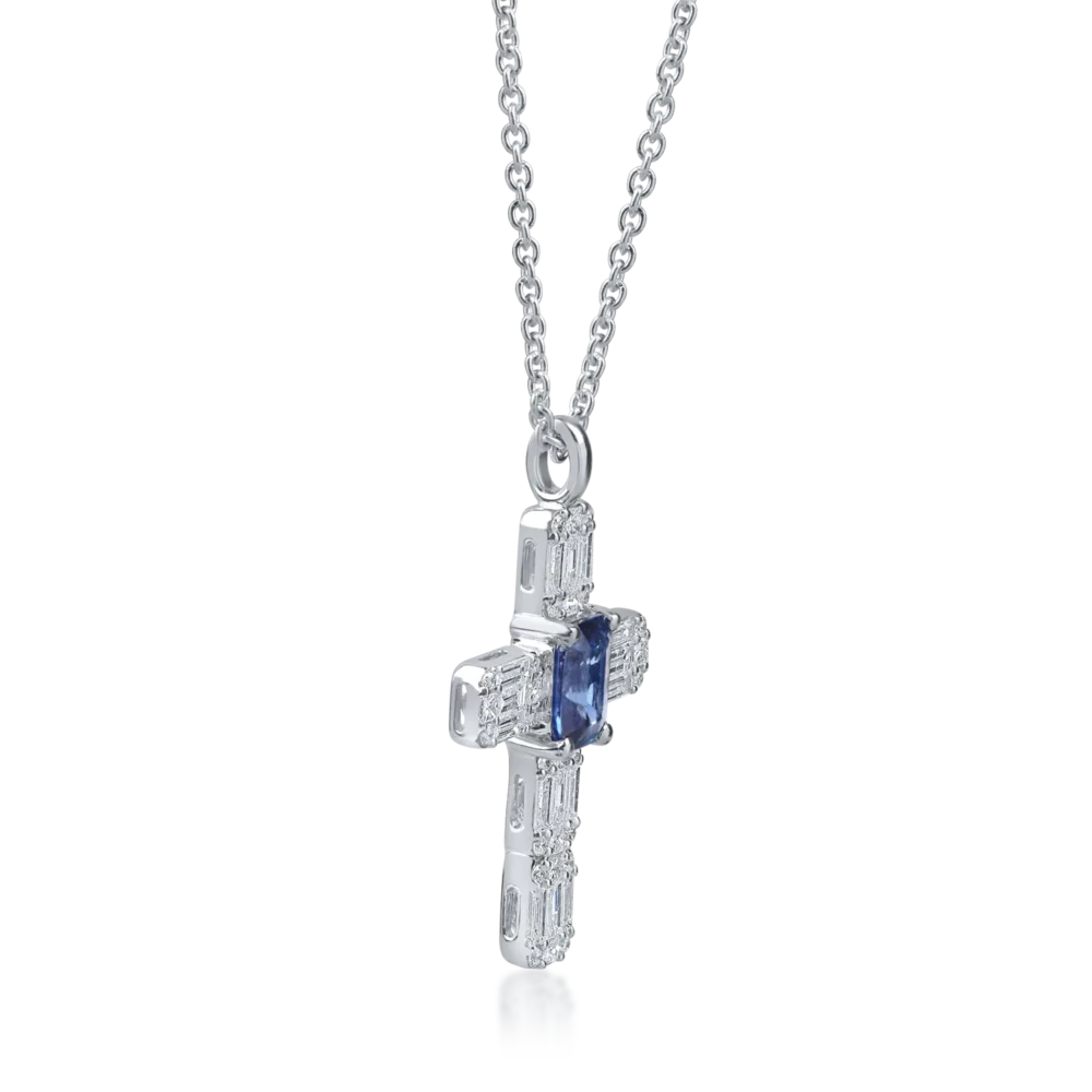 Lant cu pandantiv cruciulita din aur alb cu safire baguette de 0.6ct si diamante de 0.3ct - imagine 2