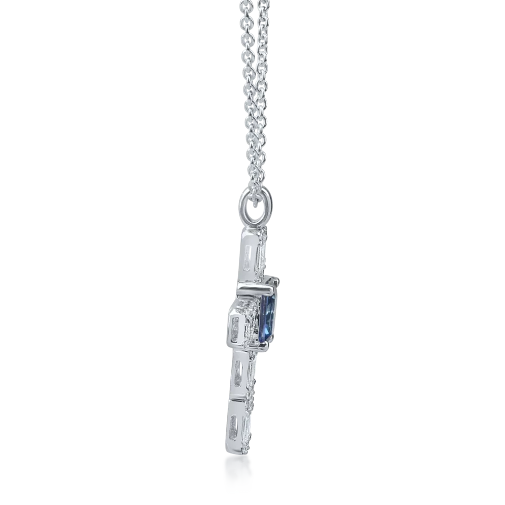 Lant cu pandantiv cruciulita din aur alb cu safire baguette de 0.6ct si diamante de 0.3ct - imagine 3