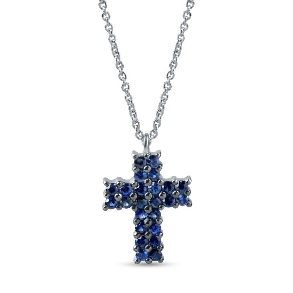 Lant cu pandantiv cruciulita din aur alb cu safire de 0.9ct