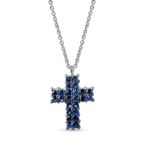 Lant cu pandantiv cruciulita din aur alb cu safire de 0.9ct