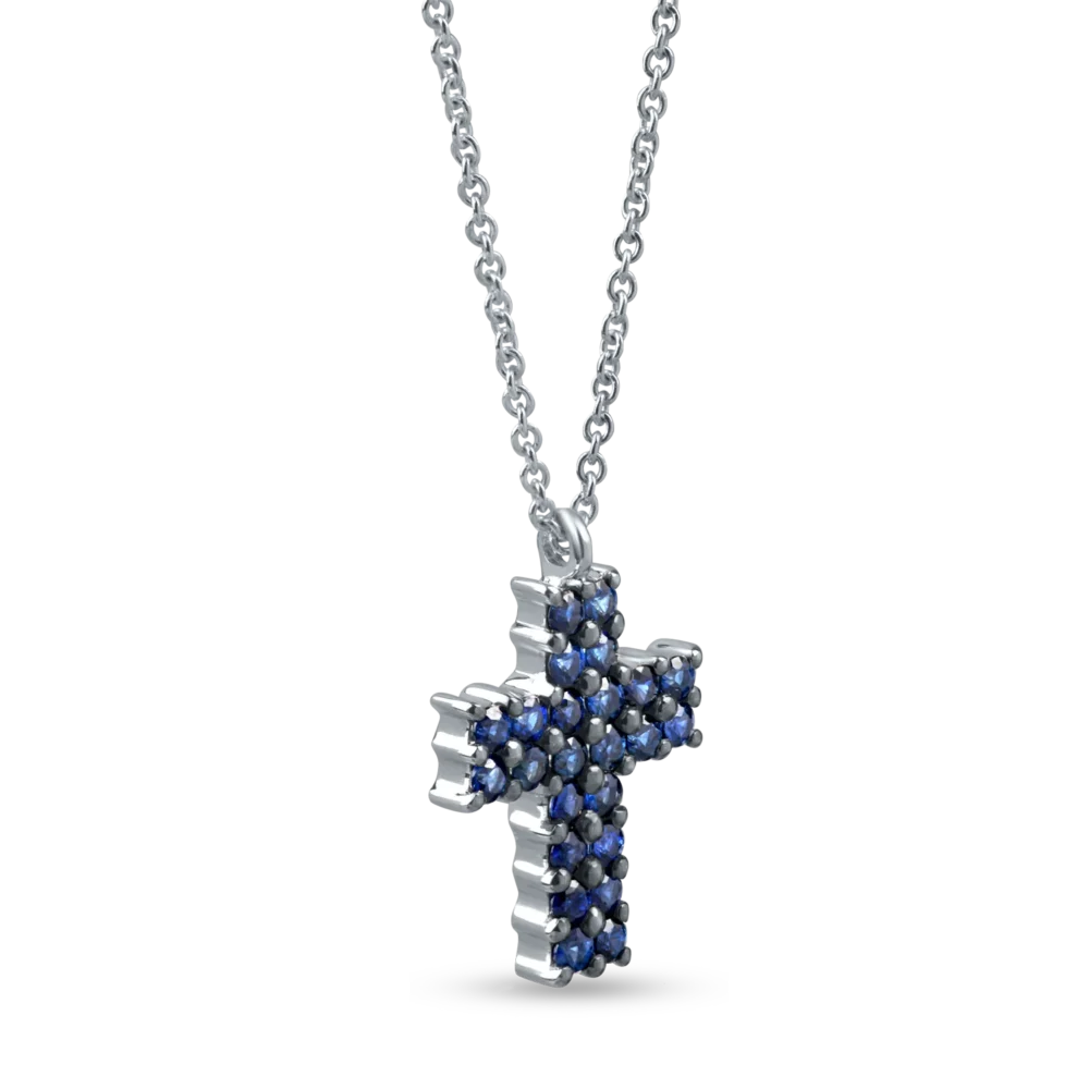 Lant cu pandantiv cruciulita din aur alb cu safire de 0.9ct - imagine 2