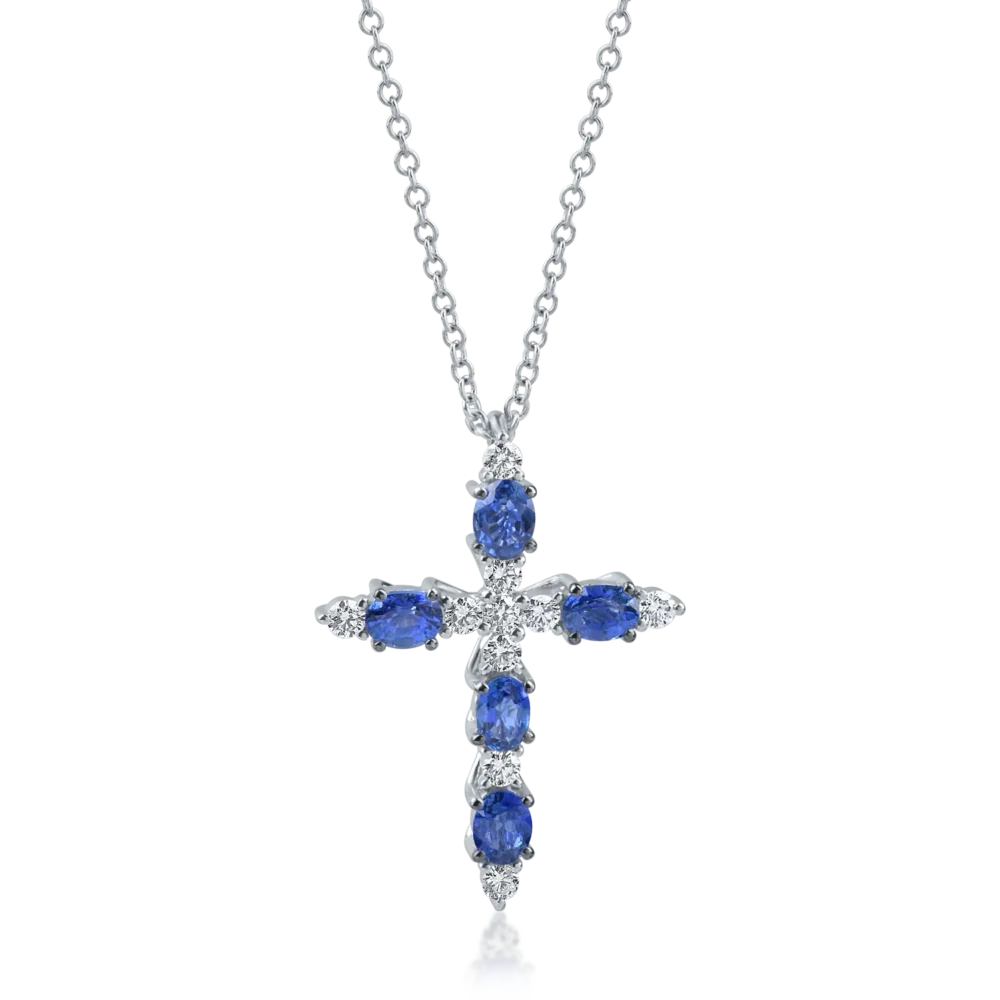 Lant cu pandantiv cruciulita din aur alb cu safire ovale de 1.1ct si diamante de 0.2ct