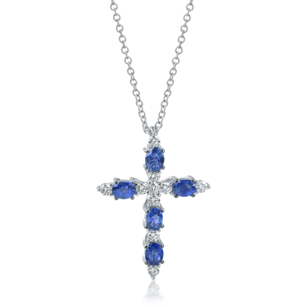 Lant cu pandantiv cruciulita din aur alb cu safire ovale de 1.1ct si diamante de 0.2ct
