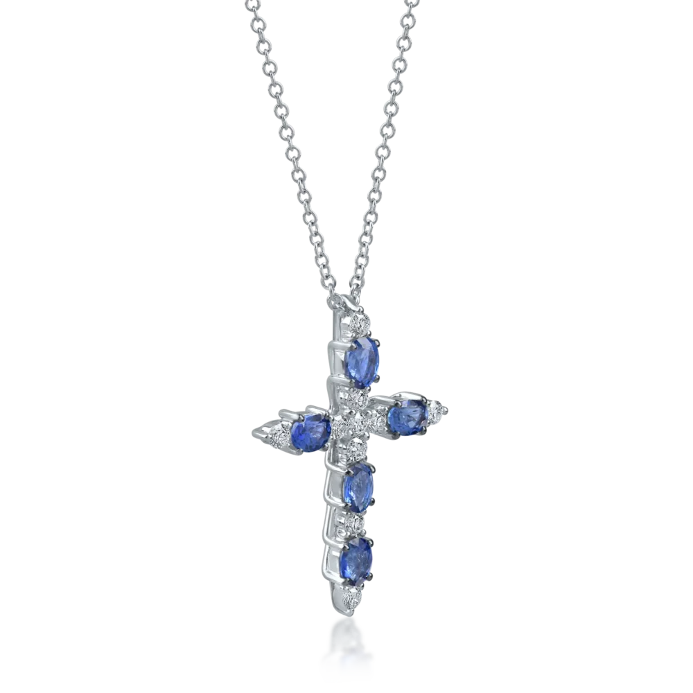 Lant cu pandantiv cruciulita din aur alb cu safire ovale de 1.1ct si diamante de 0.2ct - imagine 2