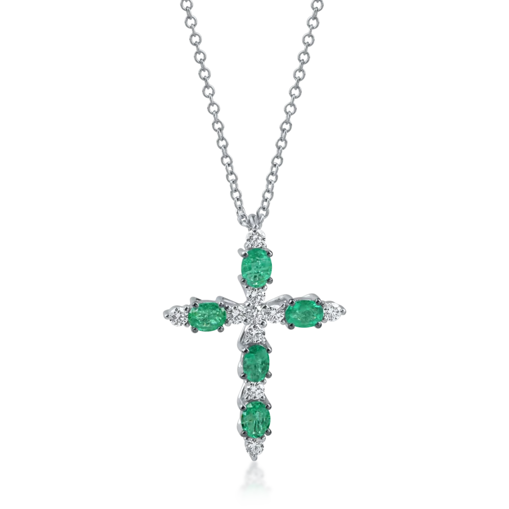 Lant cu pandantiv cruciulita din aur alb cu smaralde ovale de 0.8ct si diamante de 0.2ct