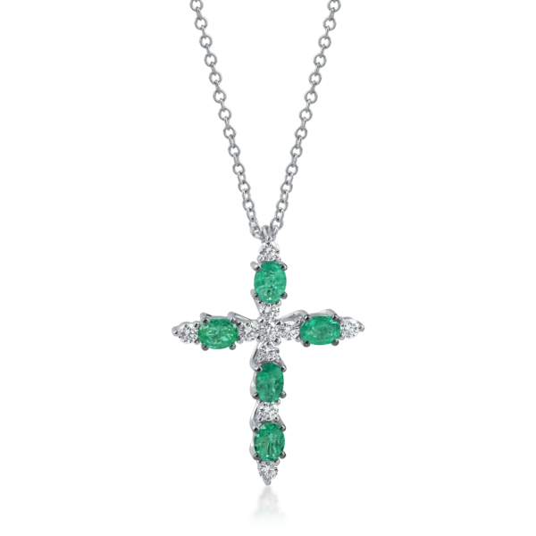 Lant cu pandantiv cruciulita din aur alb cu smaralde ovale de 0.8ct si diamante de 0.2ct
