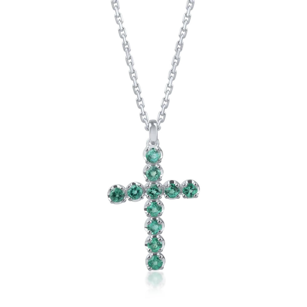 Lant cu pandantiv cruciulita din aur alb cu smaralde de 1.1ct