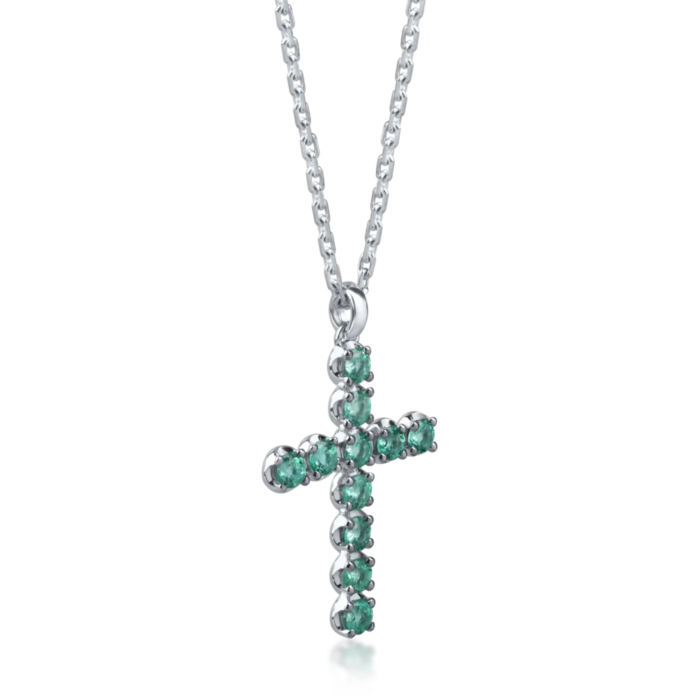 Lant cu pandantiv cruciulita din aur alb cu smaralde de 1.1ct - imagine 2