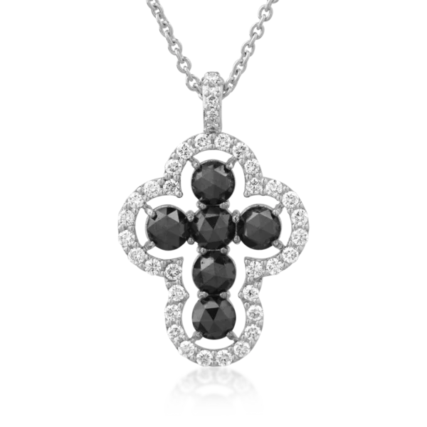 Lant cu pandantiv cruciulita din aur alb cu diamante negre rose de 0.88 si diamante transparente de 0.33ct