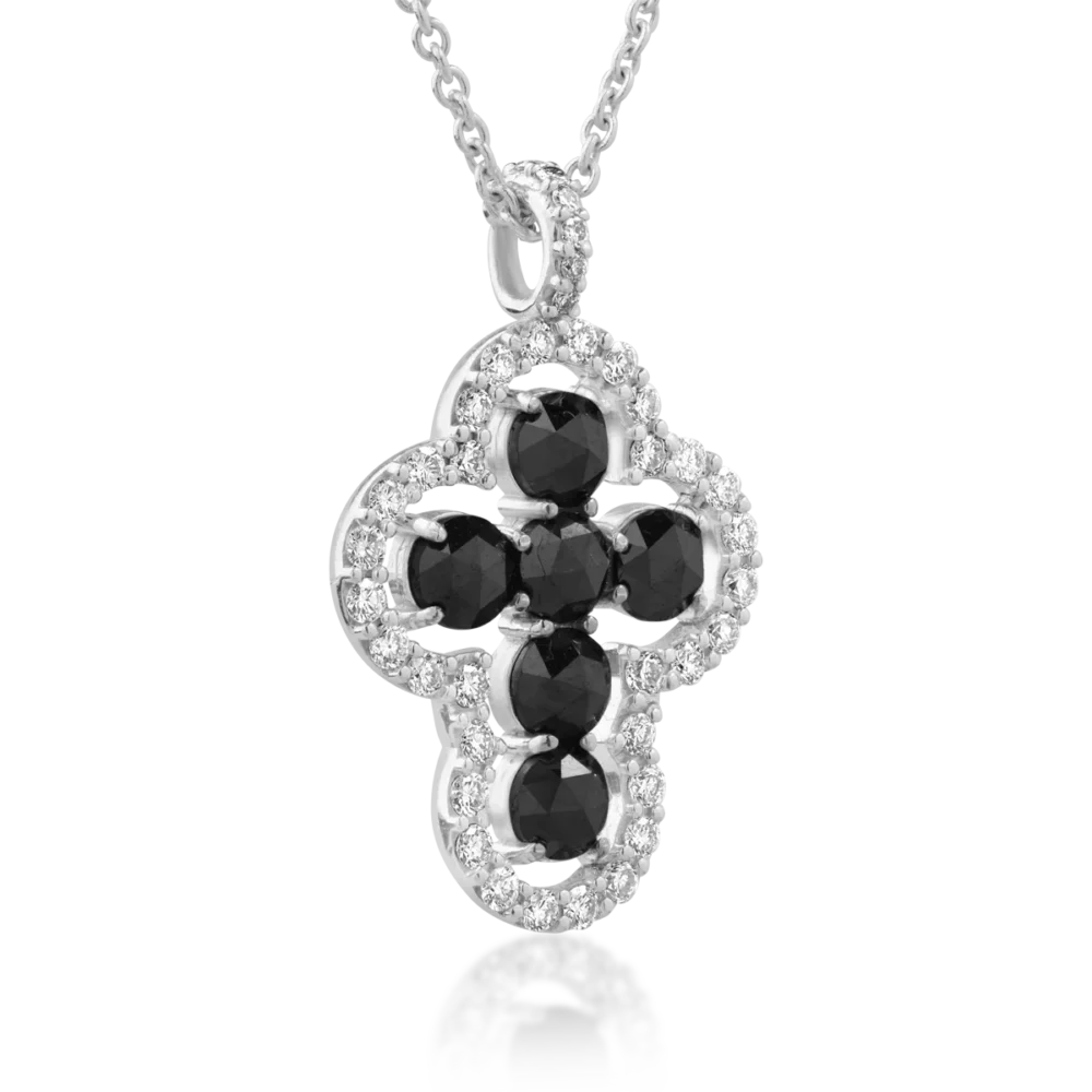 Lant cu pandantiv cruciulita din aur alb cu diamante negre rose de 0.88 si diamante transparente de 0.33ct - imagine 2