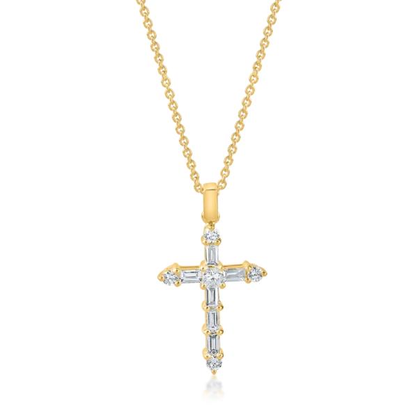 Lant cu pandantiv cruciulita din aur galben cu diamante baguette, princess si rotunde de 0.4ct