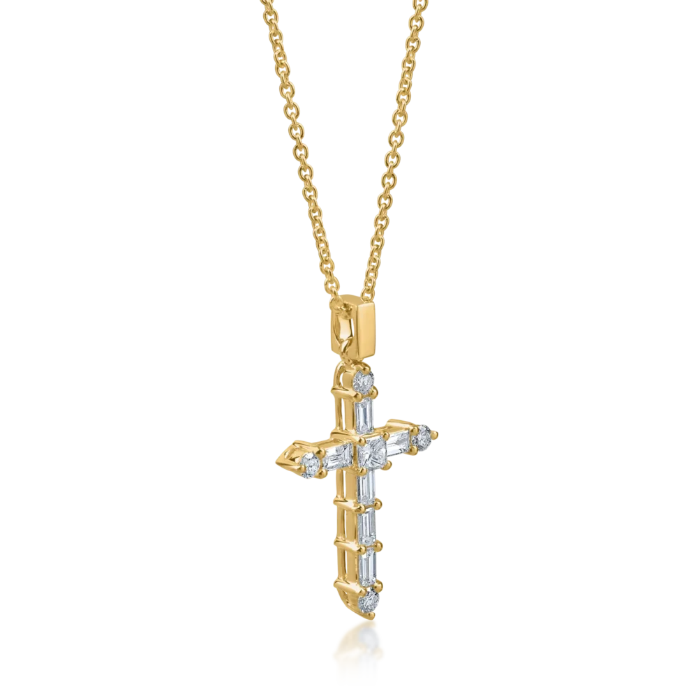 Lant cu pandantiv cruciulita din aur galben cu diamante baguette, princess si rotunde de 0.4ct - imagine 2