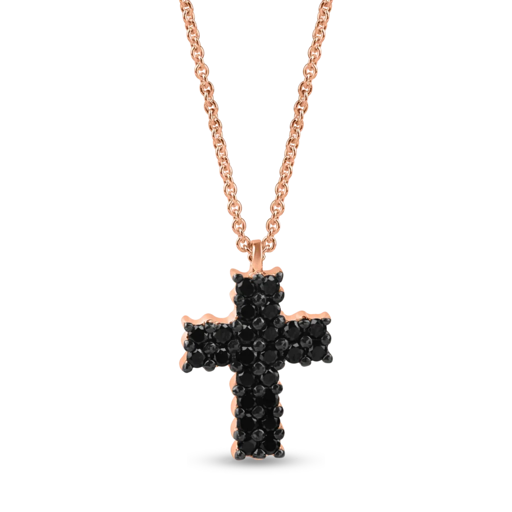 Lant cu pandantiv cruciulita din aur roz cu diamante negre de 0.7ct