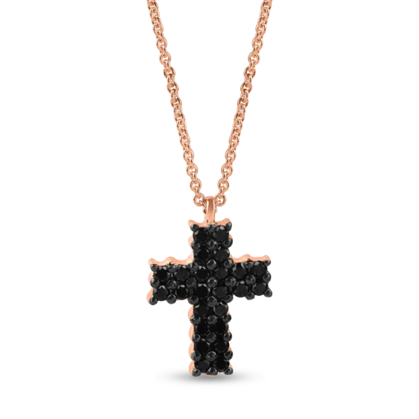 Lant cu pandantiv cruciulita din aur roz cu diamante negre de 0.7ct