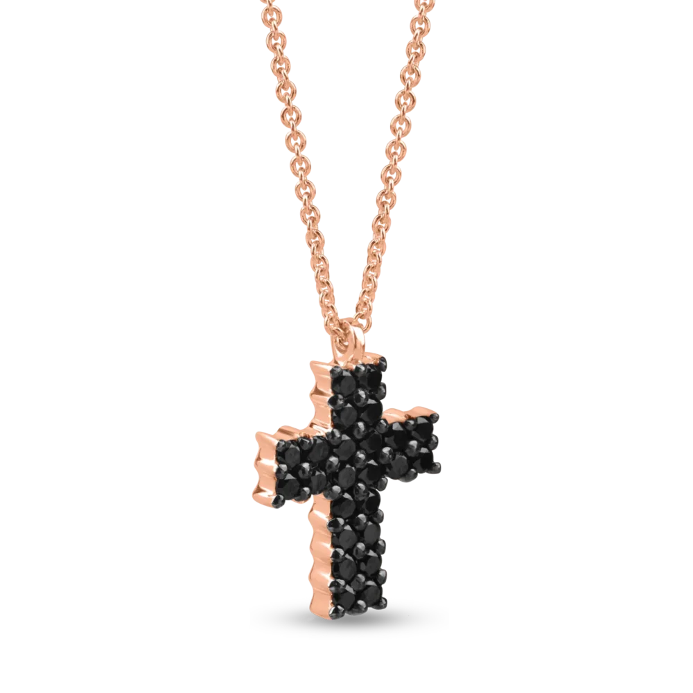 Lant cu pandantiv cruciulita din aur roz cu diamante negre de 0.7ct - imagine 2