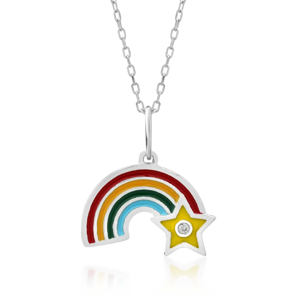 Lant cu pandantiv curcubeu pentru copii din aur alb cu diamant de 0.003ct