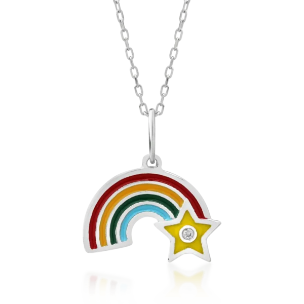 Lant cu pandantiv curcubeu pentru copii din aur alb cu diamant de 0.003ct