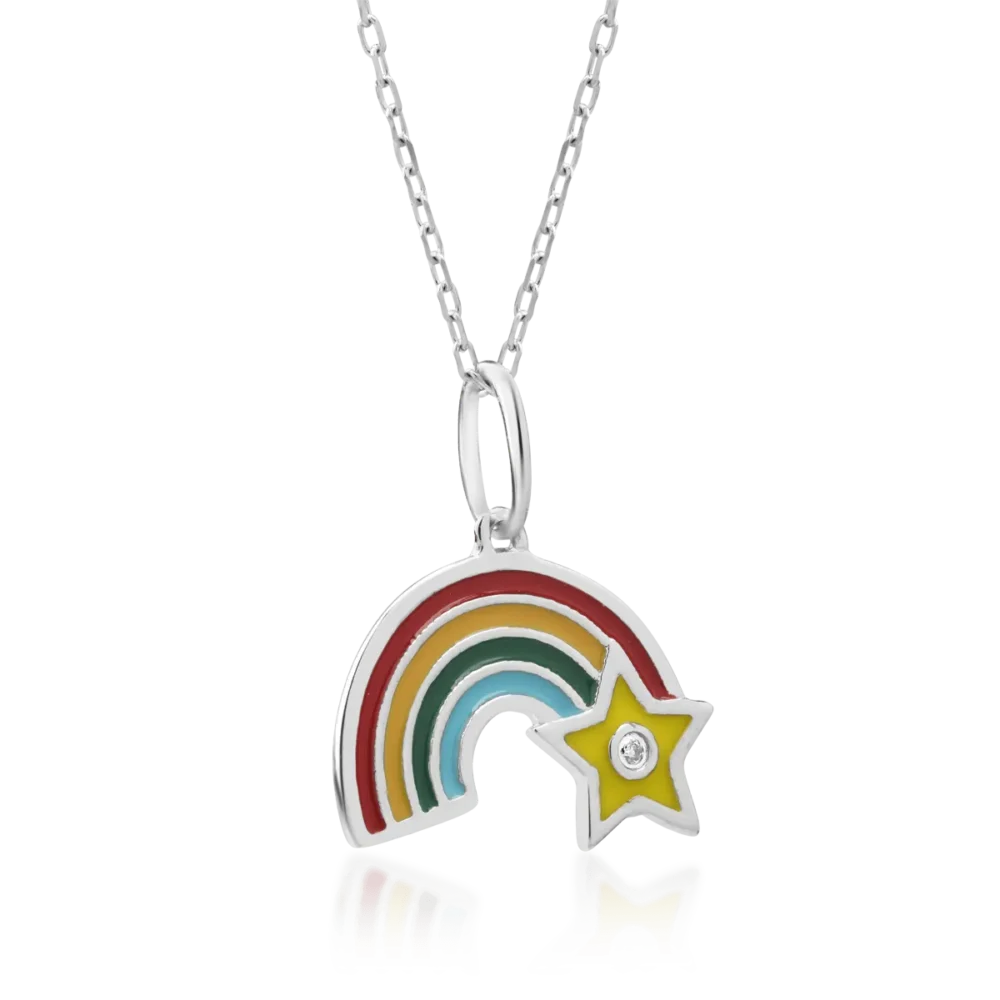 Lant cu pandantiv curcubeu pentru copii din aur alb cu diamant de 0.003ct - imagine 2
