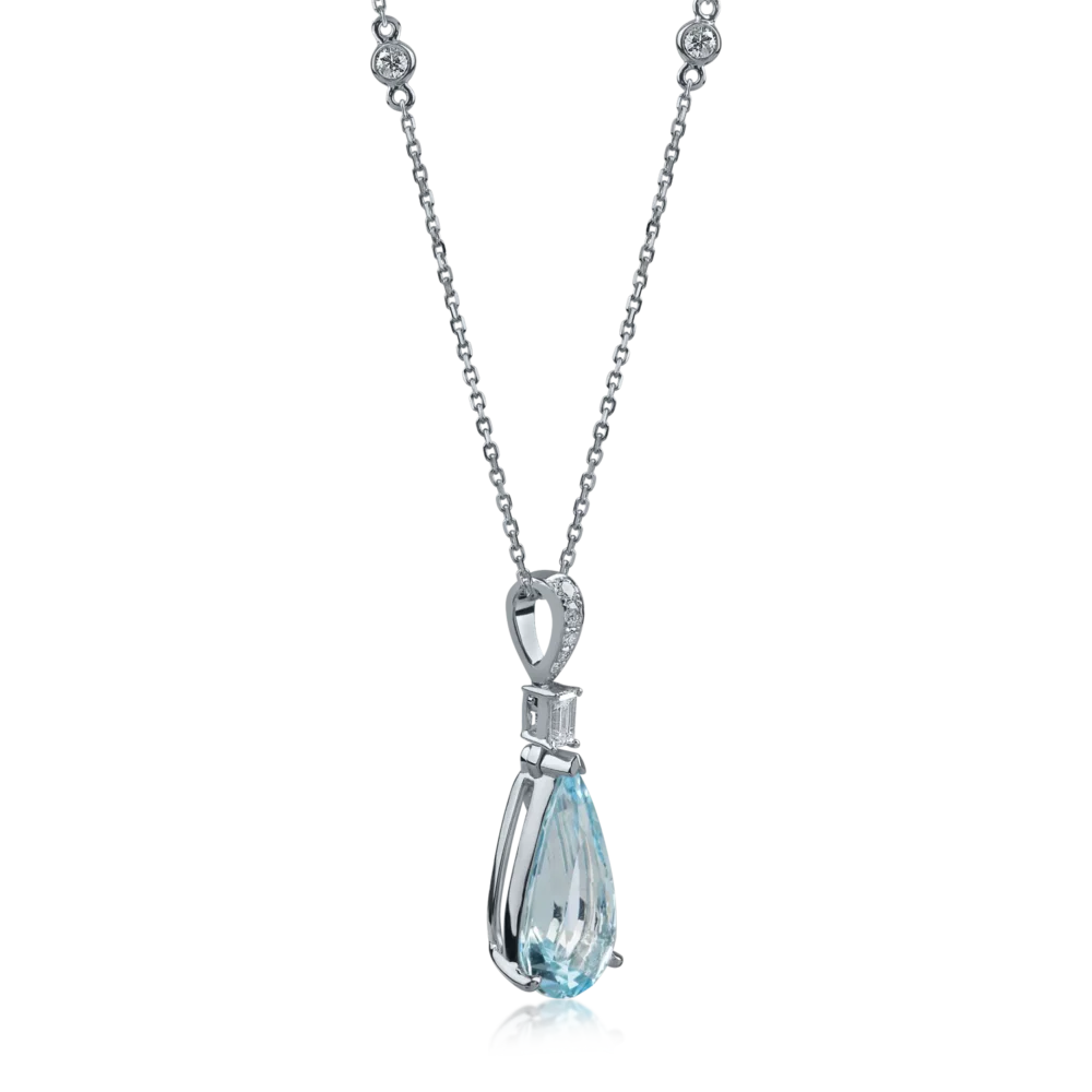 Lant cu pandantiv din aur alb cu acvamarin pear de 3.96ct si diamante baguette si rotunde de 0.15ct - imagine 2