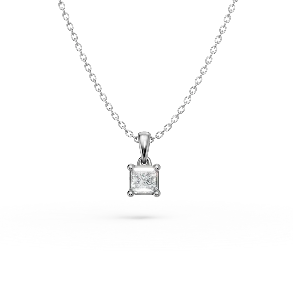 Lant cu pandantiv din aur alb cu diamant princess solitaire de 0.1ct