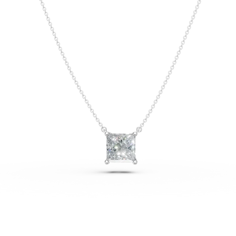 Lant cu pandantiv din aur alb cu diamant princess solitaire de 1ct creat in laborator