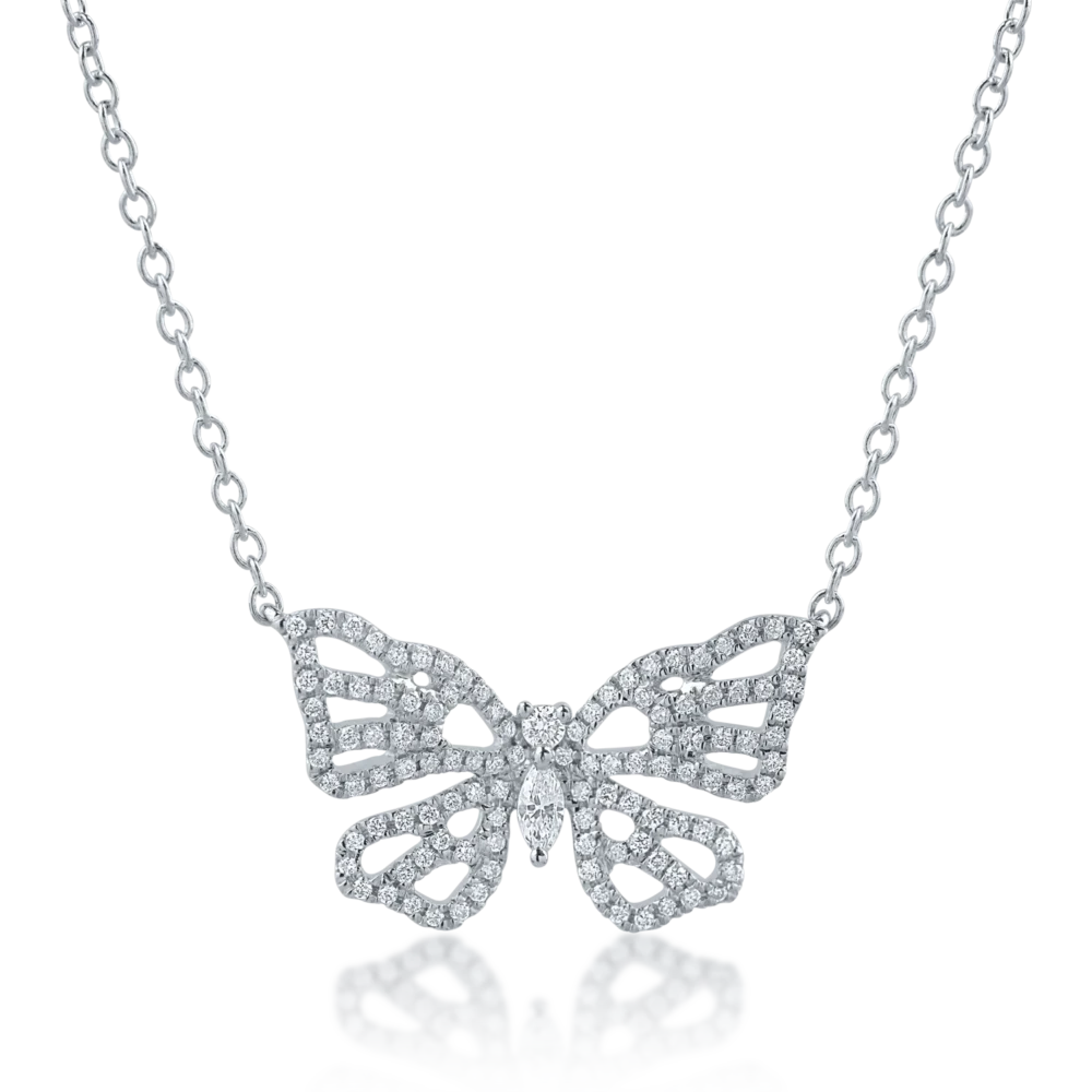 Lant cu pandantiv din aur alb cu diamante marquise si rotunde de 0.3ct