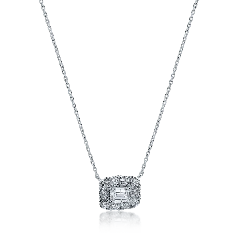 Lant cu pandantiv din aur alb cu diamante emerald si rotunde de 0.59ct