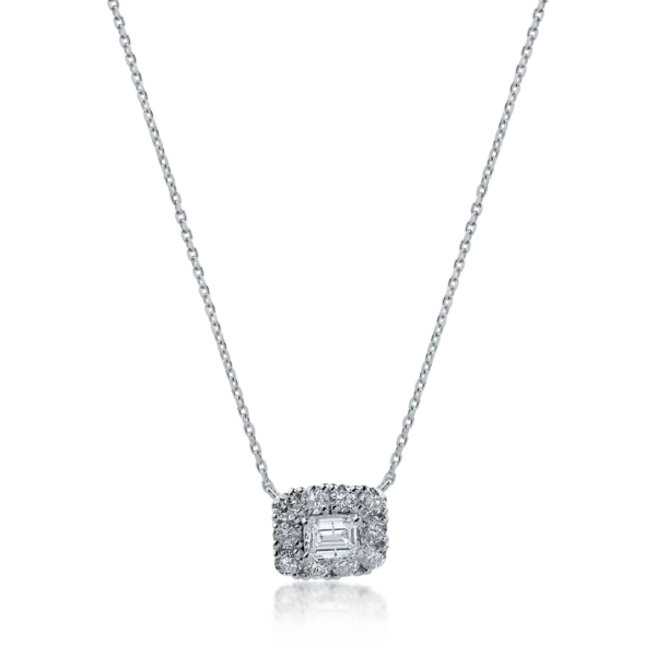 Lant cu pandantiv din aur alb cu diamante emerald si rotunde de 0.59ct