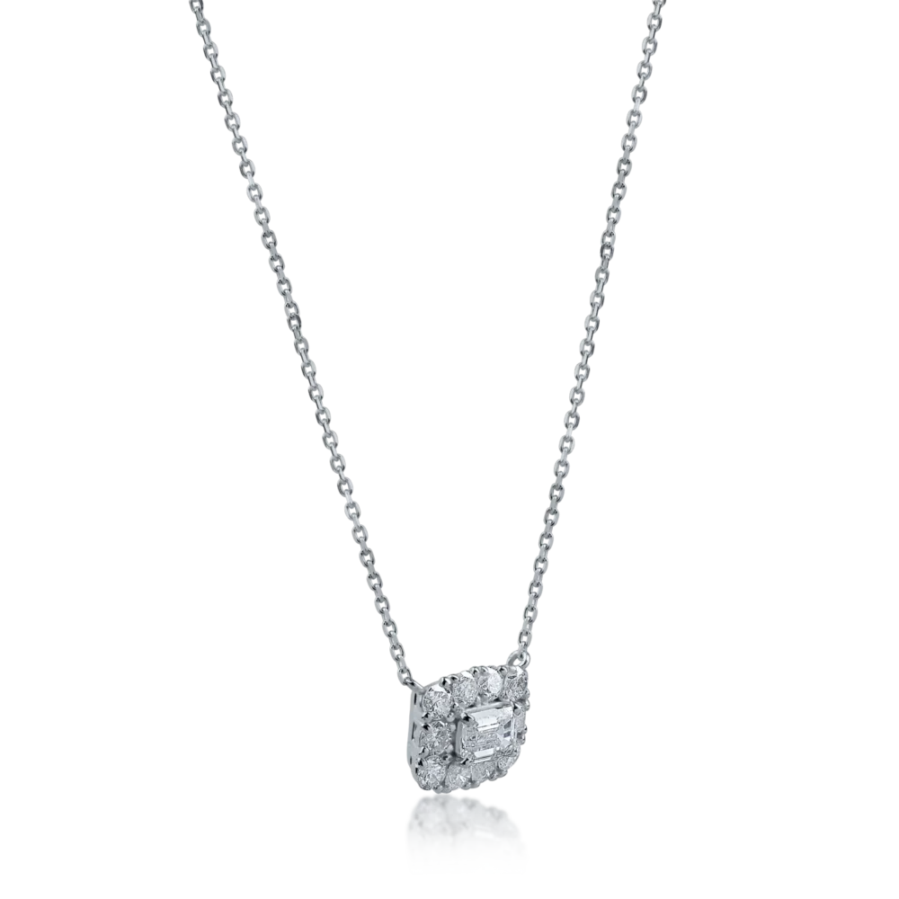 Lant cu pandantiv din aur alb cu diamante emerald si rotunde de 0.59ct - imagine 2